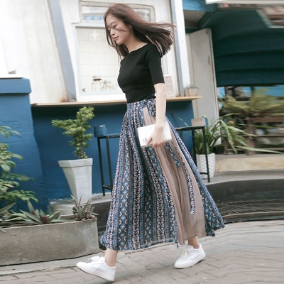 雪纺半身裙女夏高腰系带中长款拼接小个子百褶字裙小众碎花长裙