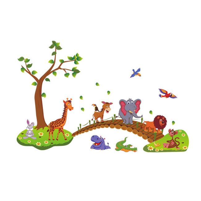 卡通可爱动物木桥墙贴纸儿童房间背景墙家装饰品幼儿园墙y壁贴画