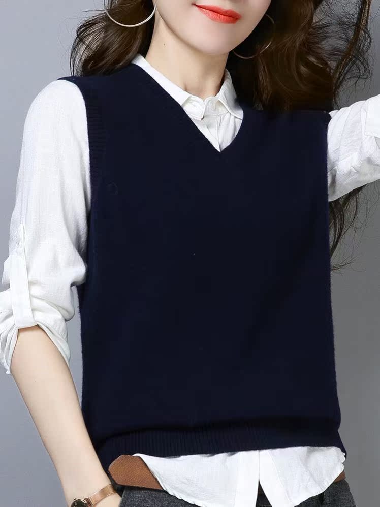 纯羊毛背心女春秋季外穿针织马甲女2020新款外搭v领短款毛衣坎肩