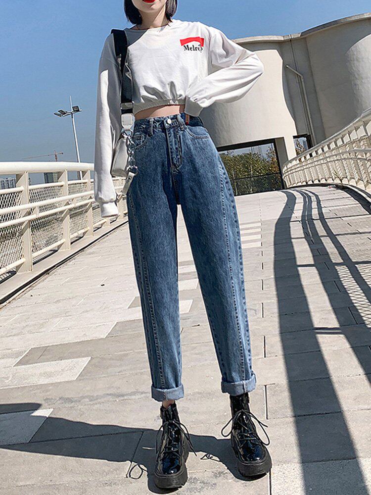 小个子老爹裤八分矮个子150cm155xs高腰显瘦百搭萝卜哈伦牛仔裤女