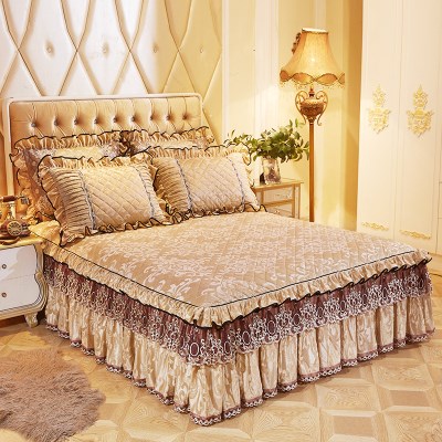 家纺欧式天鹅绒刺绣蕾丝夹棉床裙三件套加厚加绒加棉床罩单件