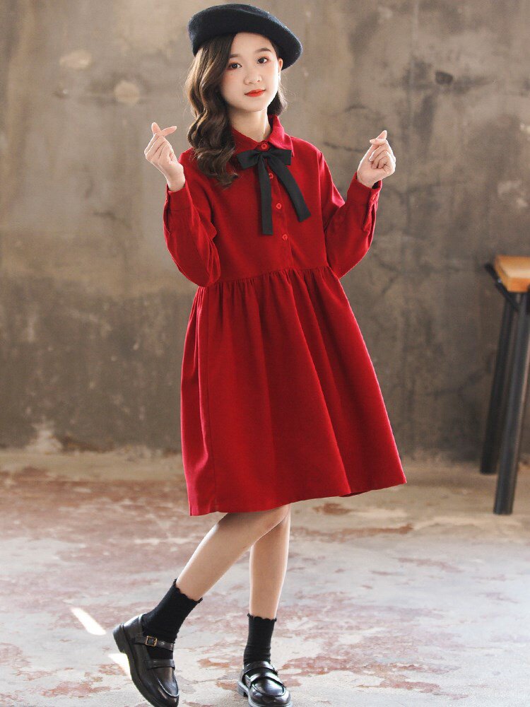 女童红色连衣裙春秋2021新款女孩过年裙子长袖中大童公主裙超洋