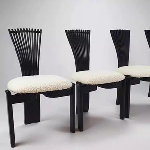 休闲中古餐椅家用实木软包靠背椅设计师扇子椅轻奢创意高靠背椅子