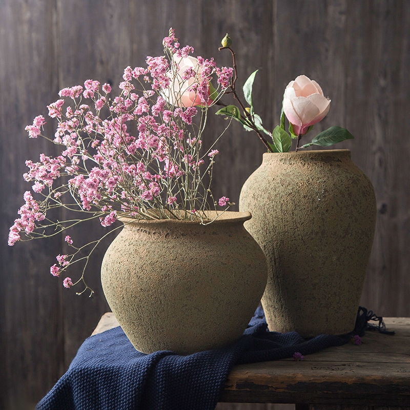 手工粗陶陶罐干花花瓶摆件复古怀旧客厅禅意插花仿古做旧陶瓷花盆