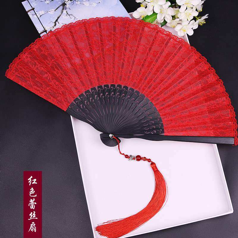中国风cos大红色扇子蕾丝扇日式折扇子女士舞蹈扇古典古风鞠婧