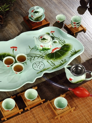 潮汕功夫茶茶具套装整套陶瓷荷花莲花荷叶排水式瓷茶盘客厅家用