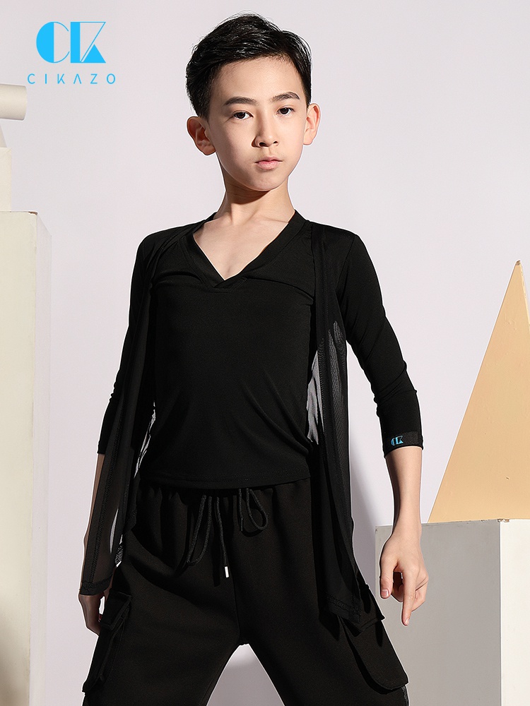 男童国标拉丁舞上衣时髦中袖帅气时尚新款少儿舞蹈训练练功表演服