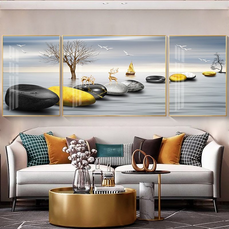 新品沙发背景墙装饰画客厅挂画现代简约大气三联山水画轻奢高档墙