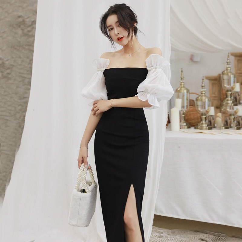 法式黑色一字肩连衣裙春夏气质高定抹胸长裙晚宴会名媛小礼服仙女