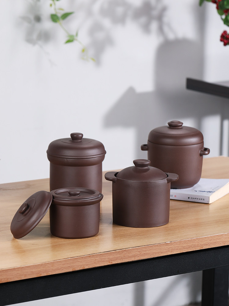 宜兴紫砂炖盅内胆无釉复古双盖蒸米饭沙县小吃瓦罐隔水炖汤盅热卖