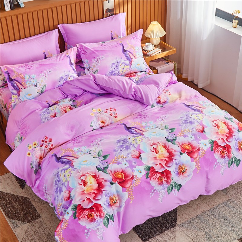 大花四件套全棉纯棉玫红色图片