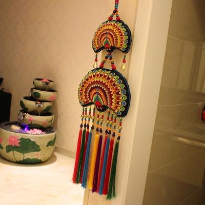 新品吉祥孔雀布艺装饰挂饰玄关电视背景墙壁挂绣花挂件吧台装饰品