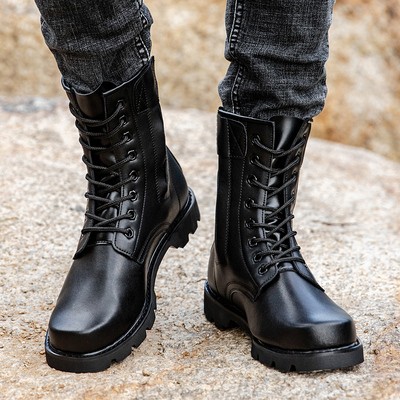 战靴男作战男靴高帮真皮羊毛马丁靴户外钢头春季防水男靴子保安鞋