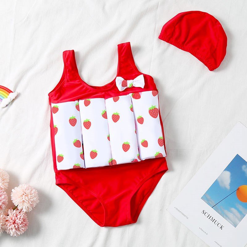 儿童浮力泳衣女童宝宝婴儿可爱草莓波点公主小童连体三角游泳装备