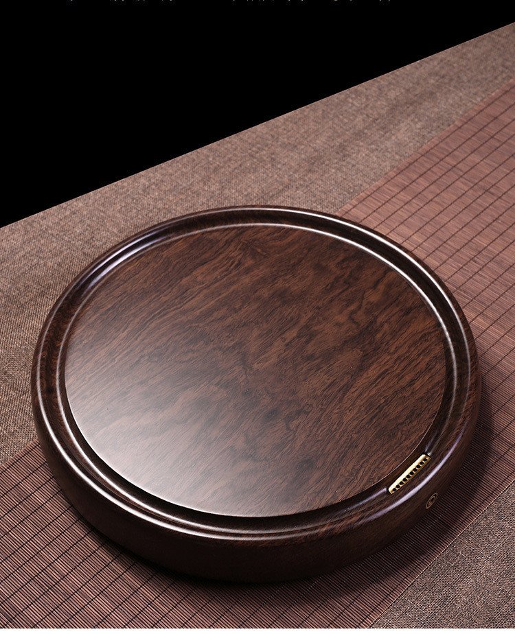 整块天然中式黑檀木茶盘简约家用小型号实木台圆形干泡茶海具托盘