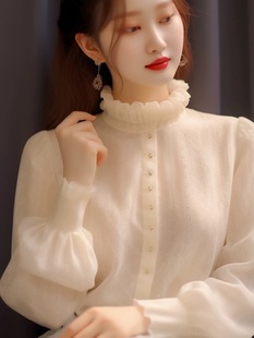 今年流行爆款白色花边领衬衫女春季雪纺打底衫法式小众设计感上衣