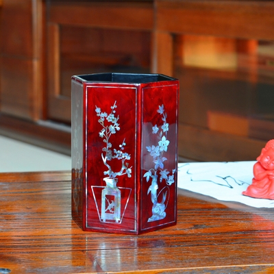 平遥推光漆器螺钿镶嵌笔筒梅兰竹菊吉祥六角送外宾高档笔筒送领.