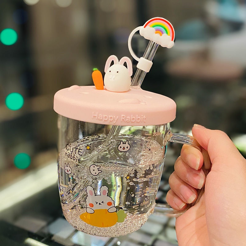 网红高颜值耐热高硼硅玻璃水杯ins风家用韩式可爱少女心带吸管杯