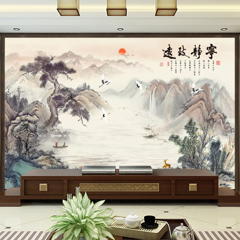 5d立体电视背景墙壁纸客厅新中式山水8d墙纸影视墙布壁画宁静致远