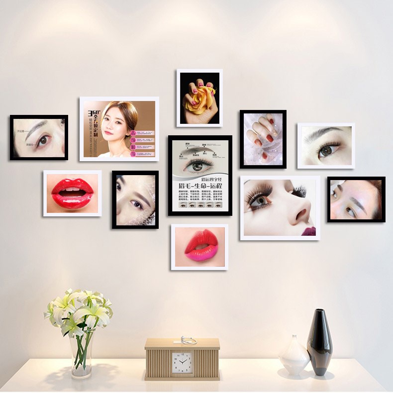 韩式半永久海报眉眼唇美妆背景装饰画相框纹绣美甲创意组合照片墙