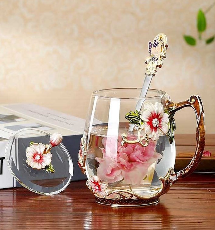 女士杯子优雅时尚韩版高档珐琅彩水杯轻奢小清新花茶杯女玻璃杯家