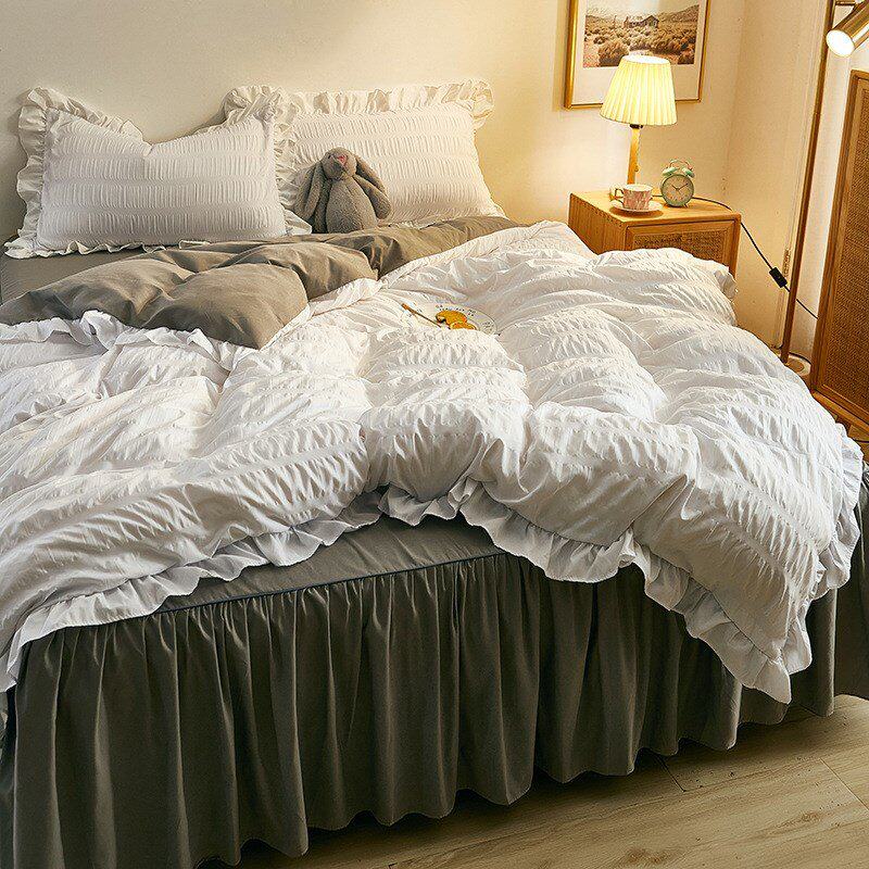 韩版公主风泡泡纱四件套床裙款少女心纯色床单被套水洗棉床上用品