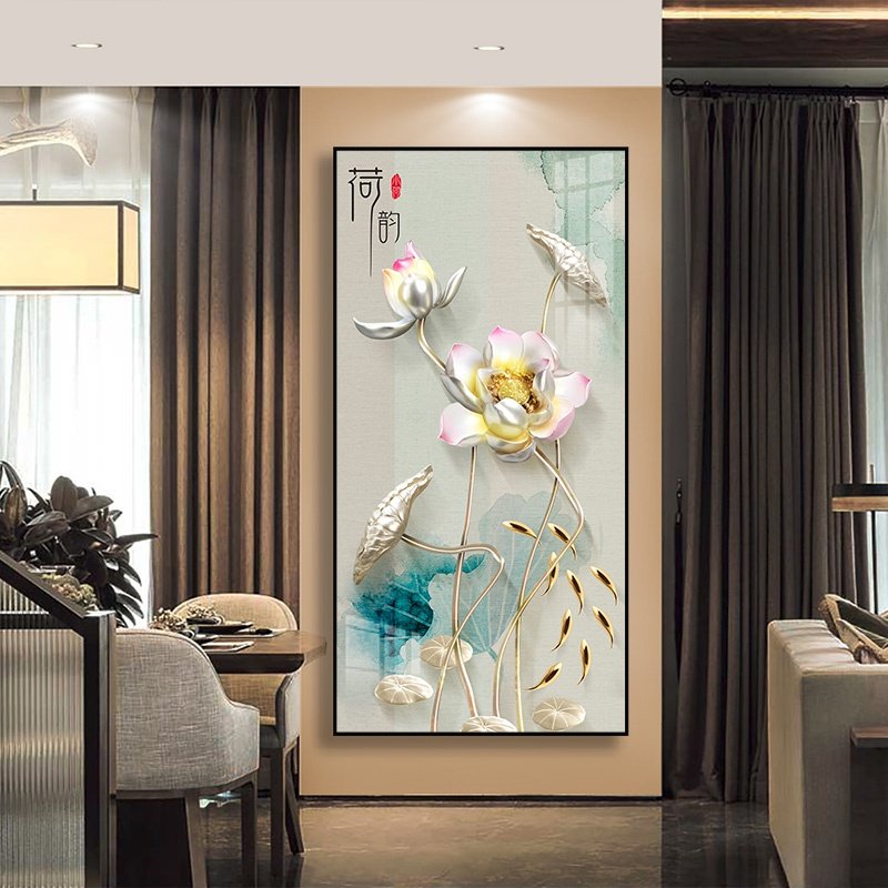 入户玄关新中式装饰竖版画抽象九鱼图轻奢楼梯挂画背景晶瓷画