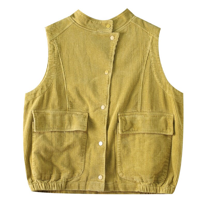 文艺范灯芯绒立领暗扣工装大口袋秋季新款马甲女条绒短款坎肩外搭