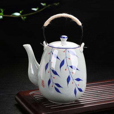 陶瓷2升提梁壶手绘复古青花瓷大茶壶耐高温餐厅泡茶壶家用凉水壶