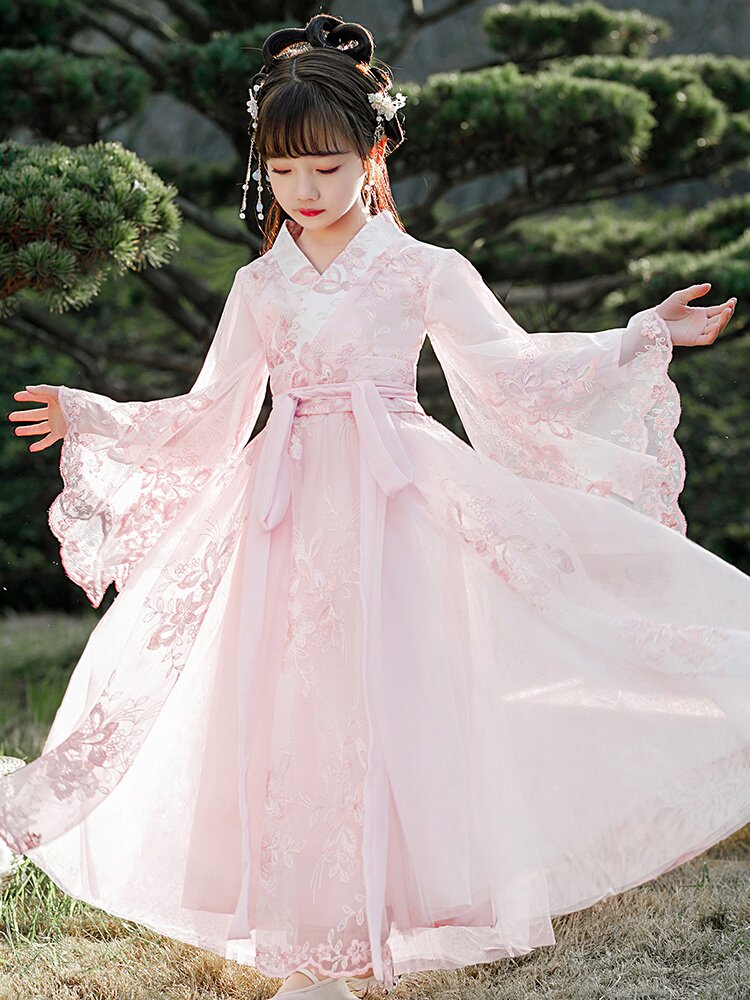 儿童汉服女童古装超仙春秋装古风襦裙小女孩连衣裙粉色中国风唐