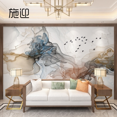 新中式电视背景墙壁纸墙纸艺术抽象水墨壁画客厅沙发卧室大型墙布