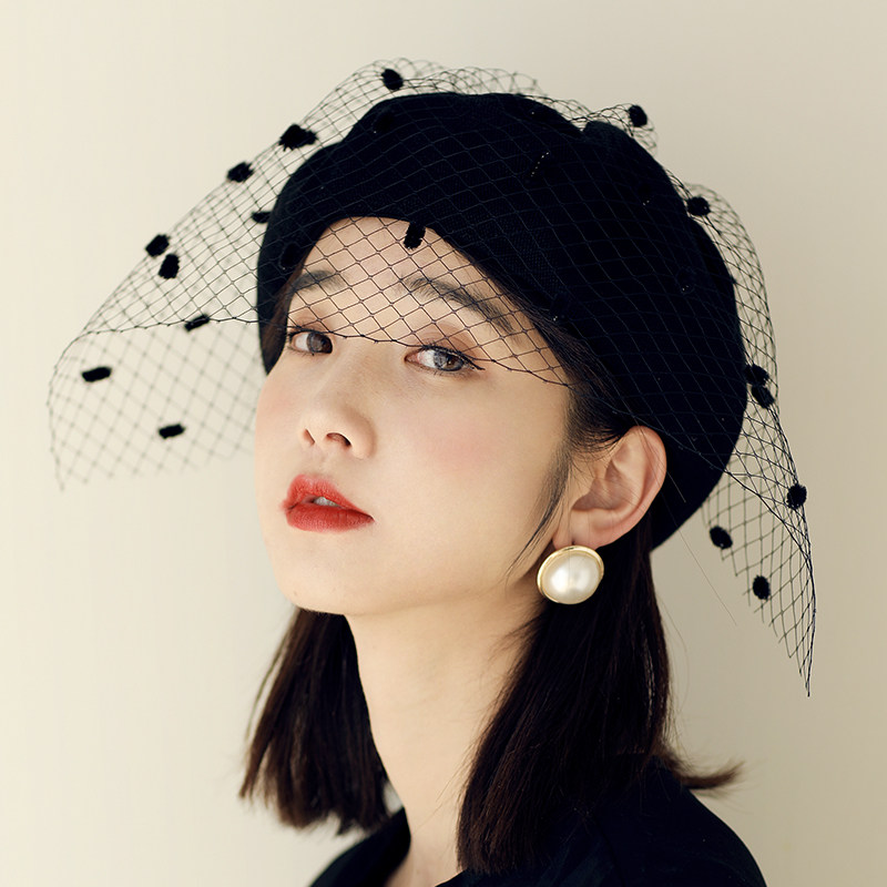 贝雷帽女春夏季薄款英伦复古网纱蓓蕾帽法式赫本风时尚蕾丝造型帽