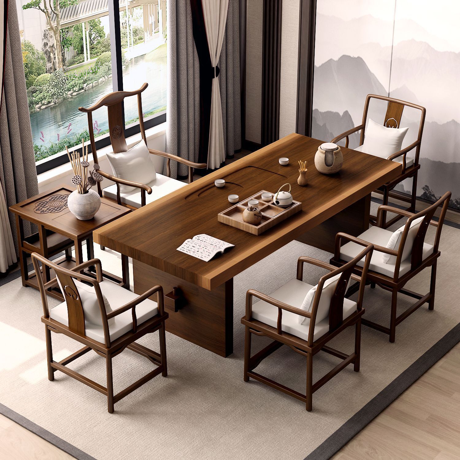 新中式实木功夫茶桌办公室洽谈会客茶桌椅组合仿古大板功夫茶台