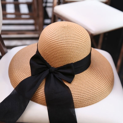 夏季新品遮阳帽赫本风黑色出游复古时尚海边沙滩大檐草帽子女
