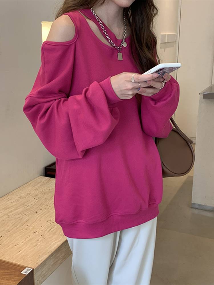火龙果色露肩卫衣设计感小众oversize早秋上衣女2021年新款潮网红