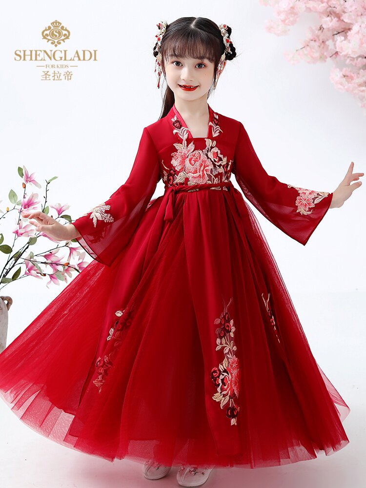 汉服女童春装中国风童装仙女飘逸旗袍唐装古风公主小女孩红色古