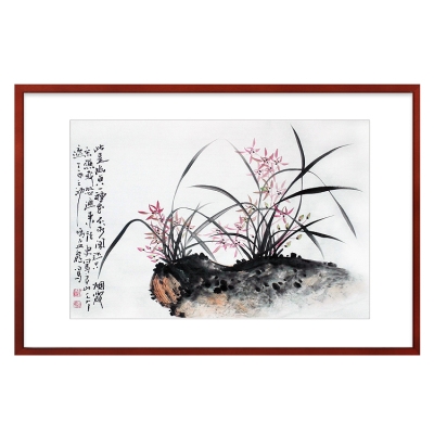 纯手绘国画花鸟客厅茶社酒店书房已装裱镜框四尺三开横幅兰石兰花