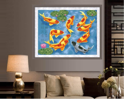 精准印花十字绣满绣九鱼图年年有余丝线十字秀客厅卧室简单小幅画