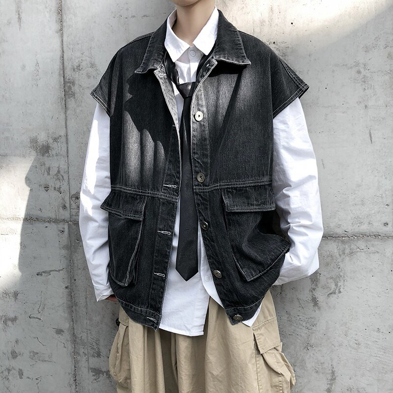 牛仔马甲男港风潮流宽松大口袋工装外套春秋新款休闲时尚学生背心