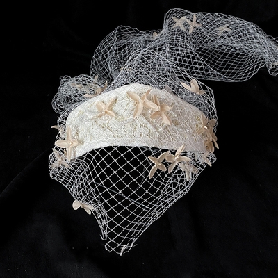 韩式新款新娘手工头纱头饰珍珠花朵网纱超仙发带婚纱摄影造型发饰