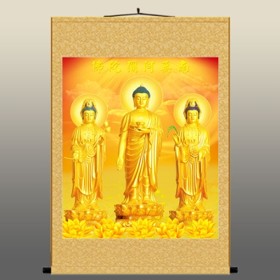 西方三圣金身b画像挂画丝绸卷轴画阿弥陀佛观音菩萨佛堂寺庙供奉