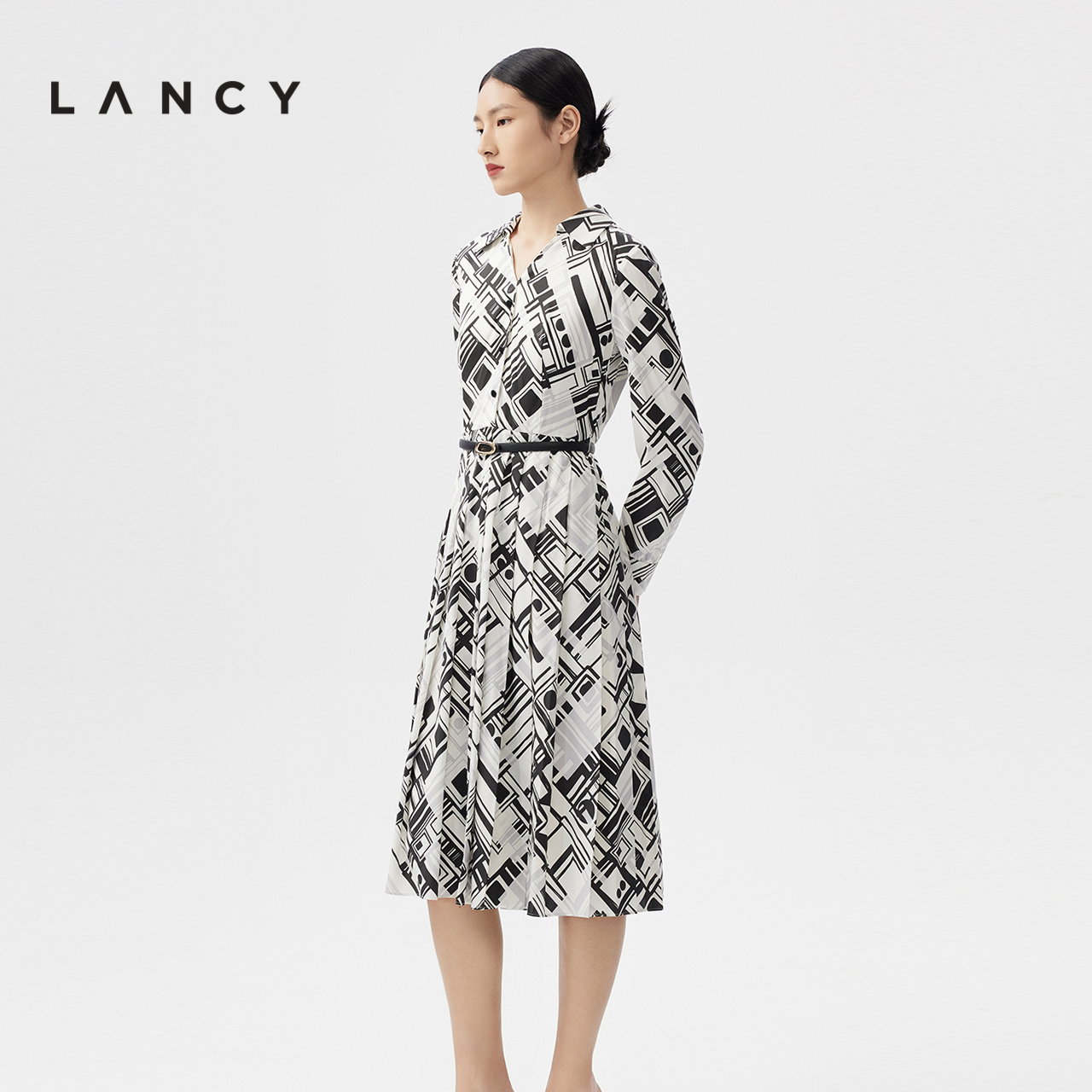 LANCY/朗姿春季新款长袖法式真丝衬衫连衣裙女印花高级感气质裙子