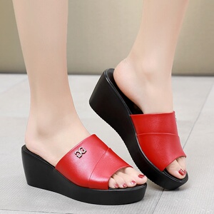 女士坡跟凉拖鞋厚底松糕拖白色图片