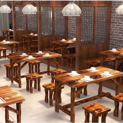 饭店大排档桌椅组合食堂小吃店餐桌木制长方形板凳碳化木木桌子套
