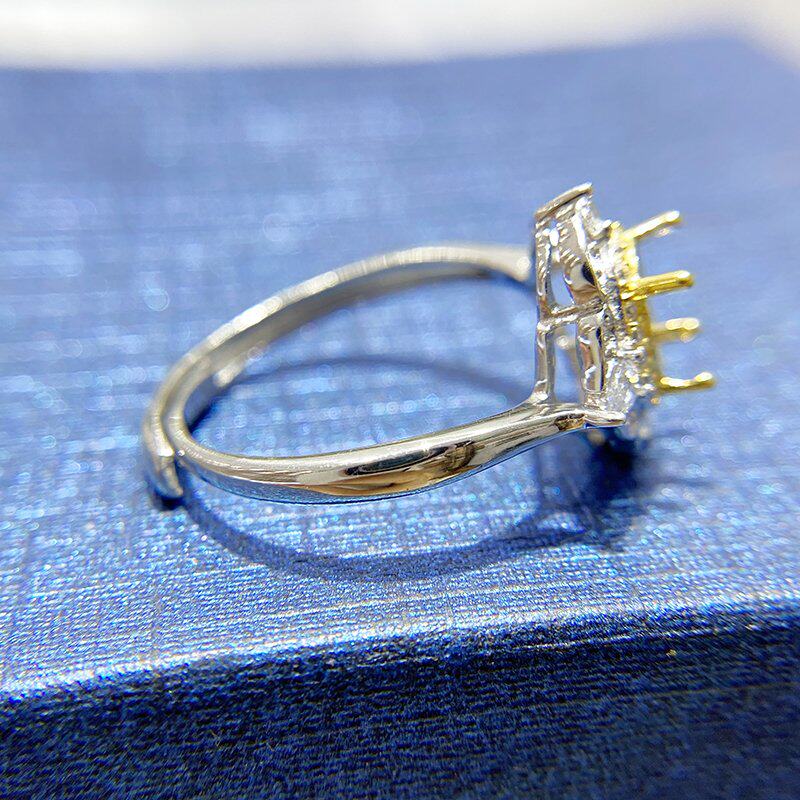 s925纯银电镀白金镶嵌红蓝宝石戒指空托女椭圆形主石57毫米戒托