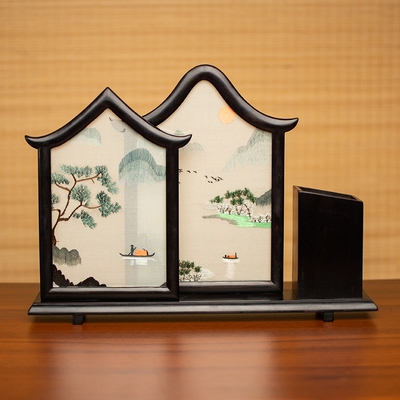 苏州刺绣摆件中式古典桌面摆台古风双面绣小台屏笔筒特色精美礼.