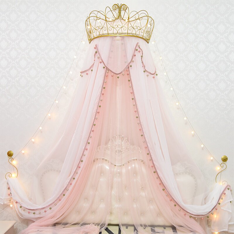 公主房间皇冠床帘床头圆顶吊顶床幔装饰纱帘珠帘幔子少女心纱幔