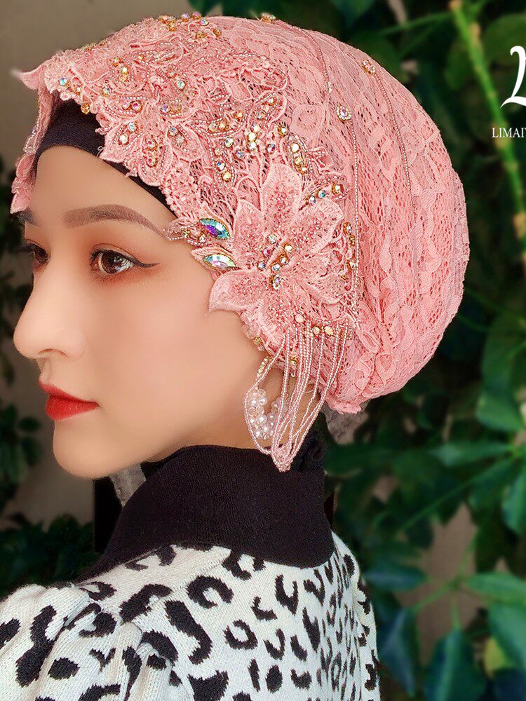 穆斯头巾新款纱巾帽子款纱巾盖头女回流苏串珠蕾丝包头帽