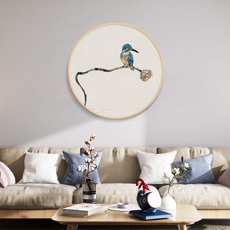 新中式餐厅墙面装饰画实木圆形挂画简约禅意花鸟客厅书房茶室壁画