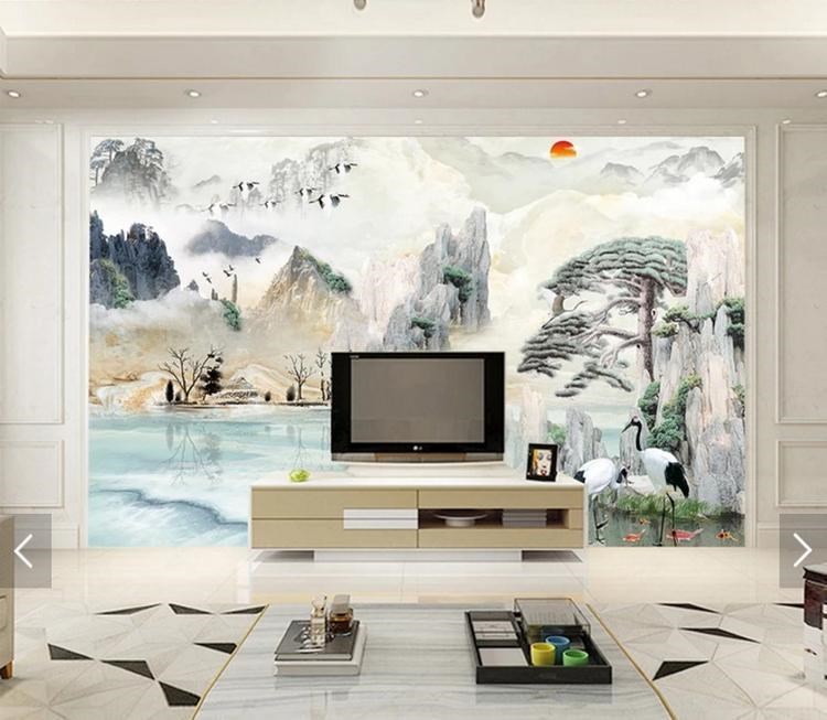 客厅影视墙装饰画瓷砖现代简约迎客松九鱼大理石山水风景画背景墙
